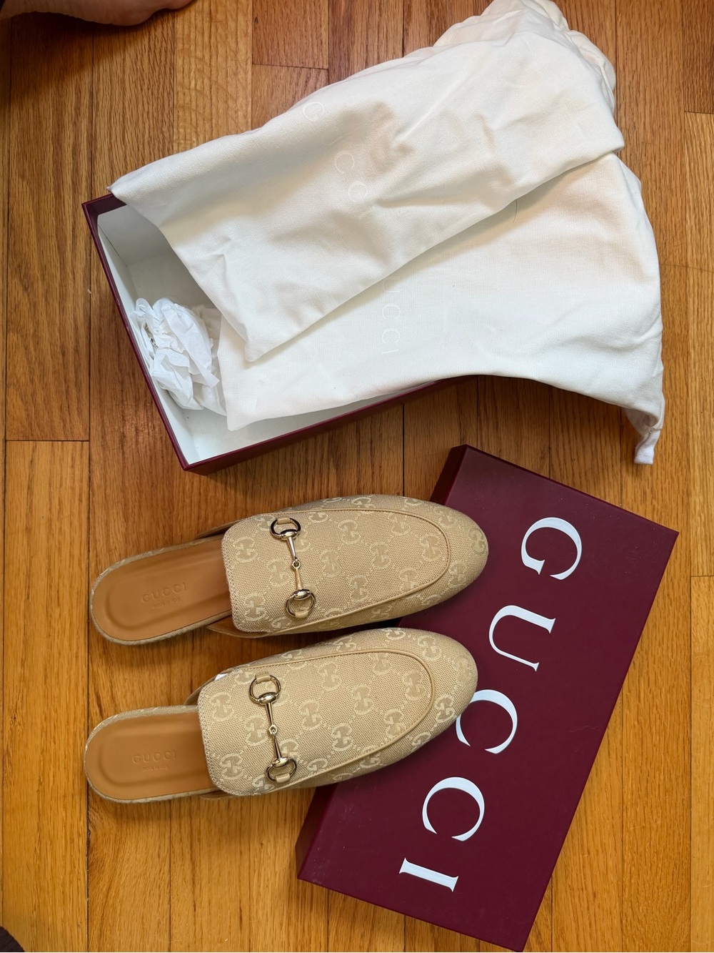 Gucci Beige Monogram Horsebit Backless Loafers
